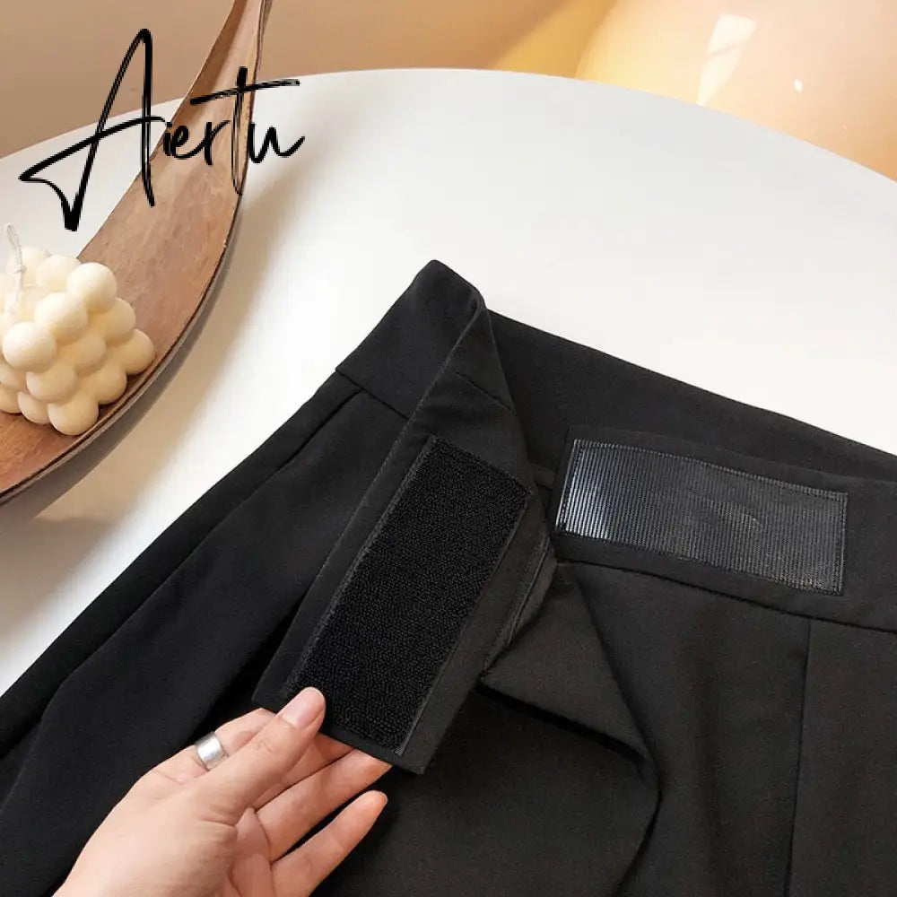 Aiertu  Patchwork Asymmetrical Wide Leg Pants For Women High Waist Black Loose Trousers Female Spring Clothing Style Aiertu