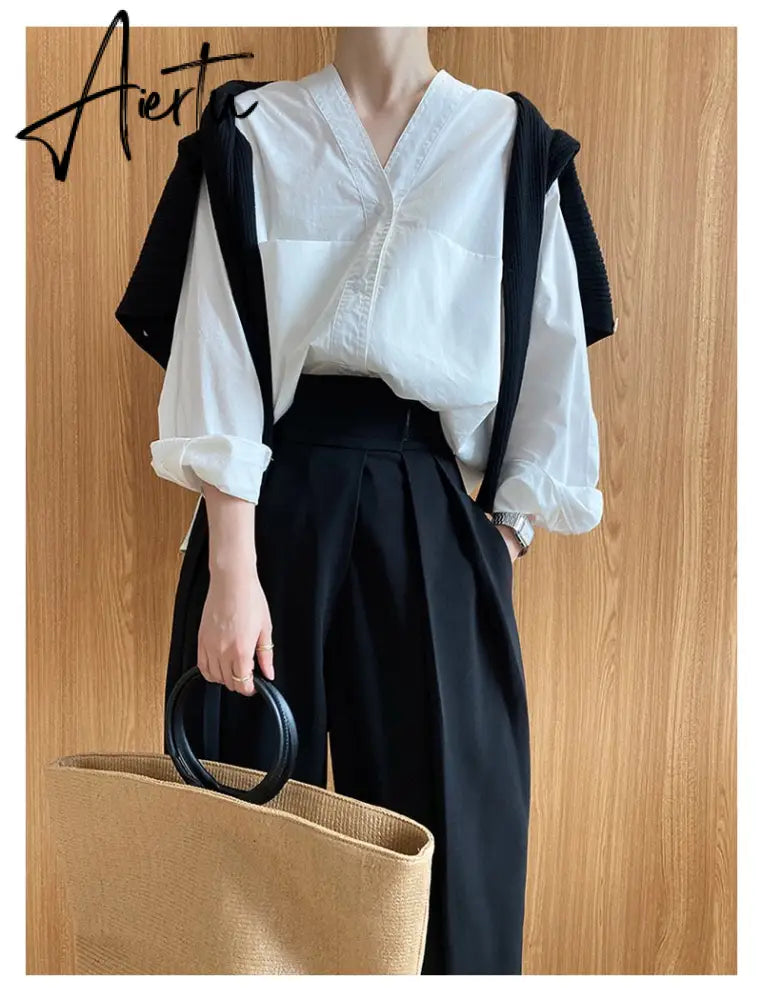 Aiertu  Patchwork Asymmetrical Wide Leg Pants For Women High Waist Black Loose Trousers Female Spring Clothing Style Aiertu