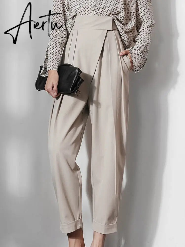 Aiertu  Patchwork Asymmetrical Wide Leg Pants For Women High Waist Black Loose Trousers Female Spring Clothing Style Aiertu