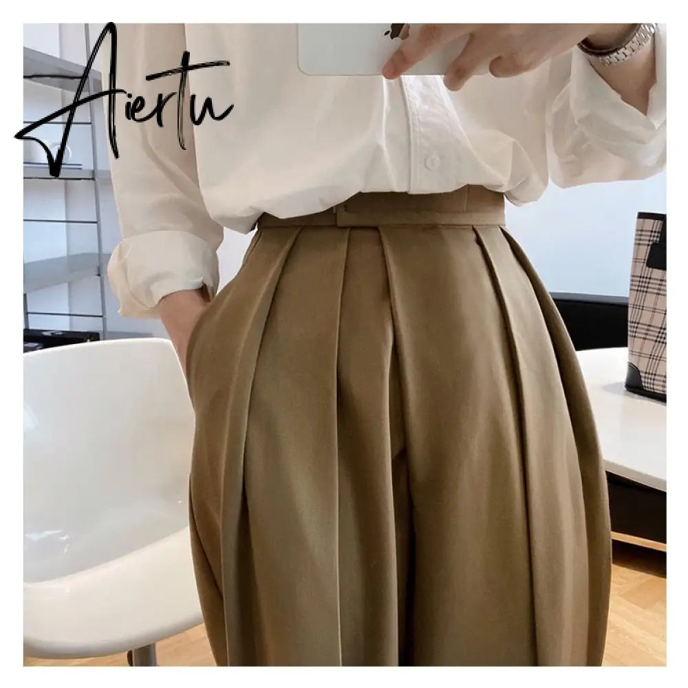 Aiertu  Patchwork Asymmetrical Wide Leg Pants For Women High Waist Black Loose Trousers Female Spring Clothing Style Aiertu