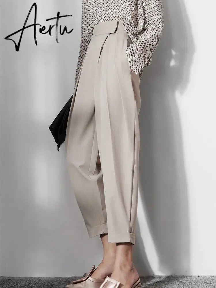Aiertu  Patchwork Asymmetrical Wide Leg Pants For Women High Waist Black Loose Trousers Female Spring Clothing Style Aiertu