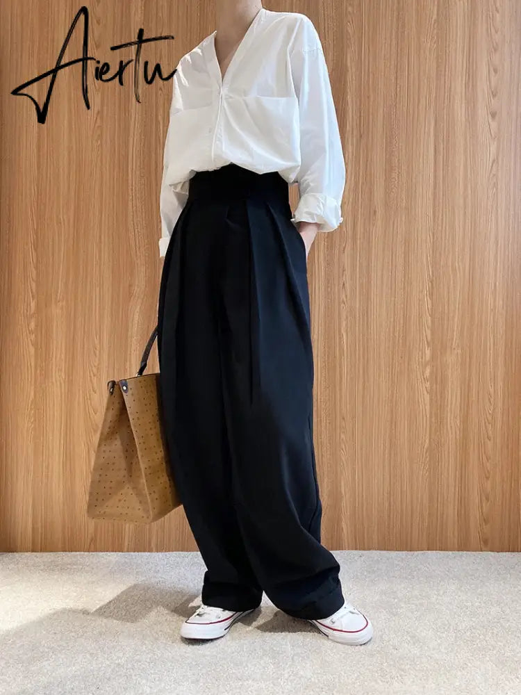 Aiertu  Patchwork Asymmetrical Wide Leg Pants For Women High Waist Black Loose Trousers Female Spring Clothing Style Aiertu