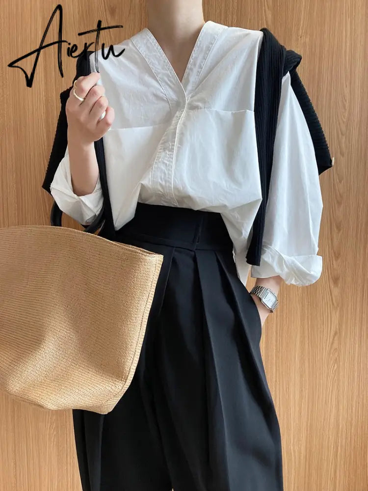 Aiertu  Patchwork Asymmetrical Wide Leg Pants For Women High Waist Black Loose Trousers Female Spring Clothing Style Aiertu