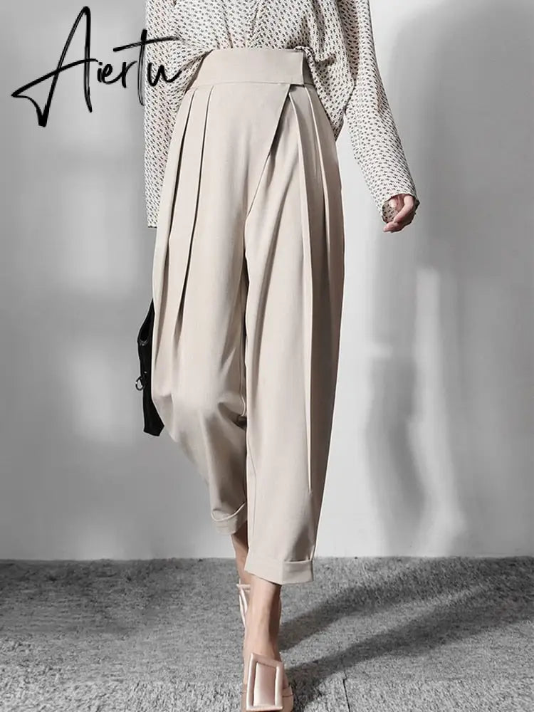 Aiertu  Patchwork Asymmetrical Wide Leg Pants For Women High Waist Black Loose Trousers Female Spring Clothing Style Aiertu