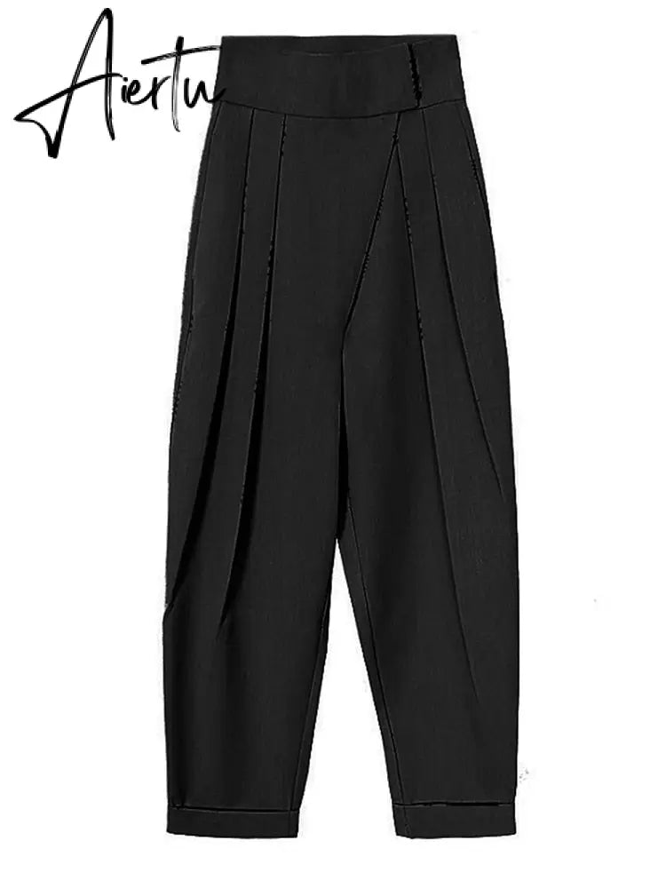 Aiertu  Patchwork Asymmetrical Wide Leg Pants For Women High Waist Black Loose Trousers Female Spring Clothing Style Aiertu