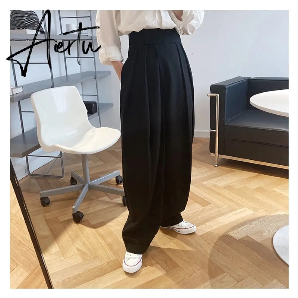 Aiertu  Patchwork Asymmetrical Wide Leg Pants For Women High Waist Black Loose Trousers Female Spring Clothing Style Aiertu