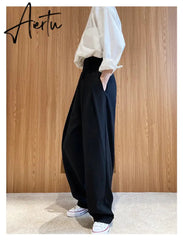 Aiertu  Patchwork Asymmetrical Wide Leg Pants For Women High Waist Black Loose Trousers Female Spring Clothing Style Aiertu