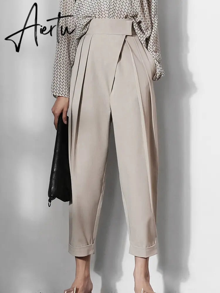 Aiertu  Patchwork Asymmetrical Wide Leg Pants For Women High Waist Black Loose Trousers Female Spring Clothing Style Aiertu
