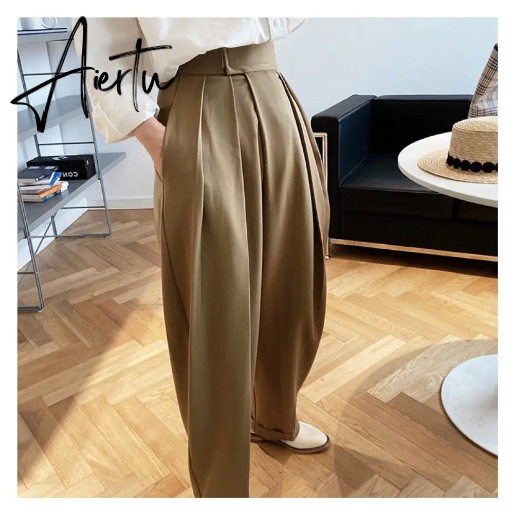 Aiertu  Patchwork Asymmetrical Wide Leg Pants For Women High Waist Black Loose Trousers Female Spring Clothing Style Aiertu