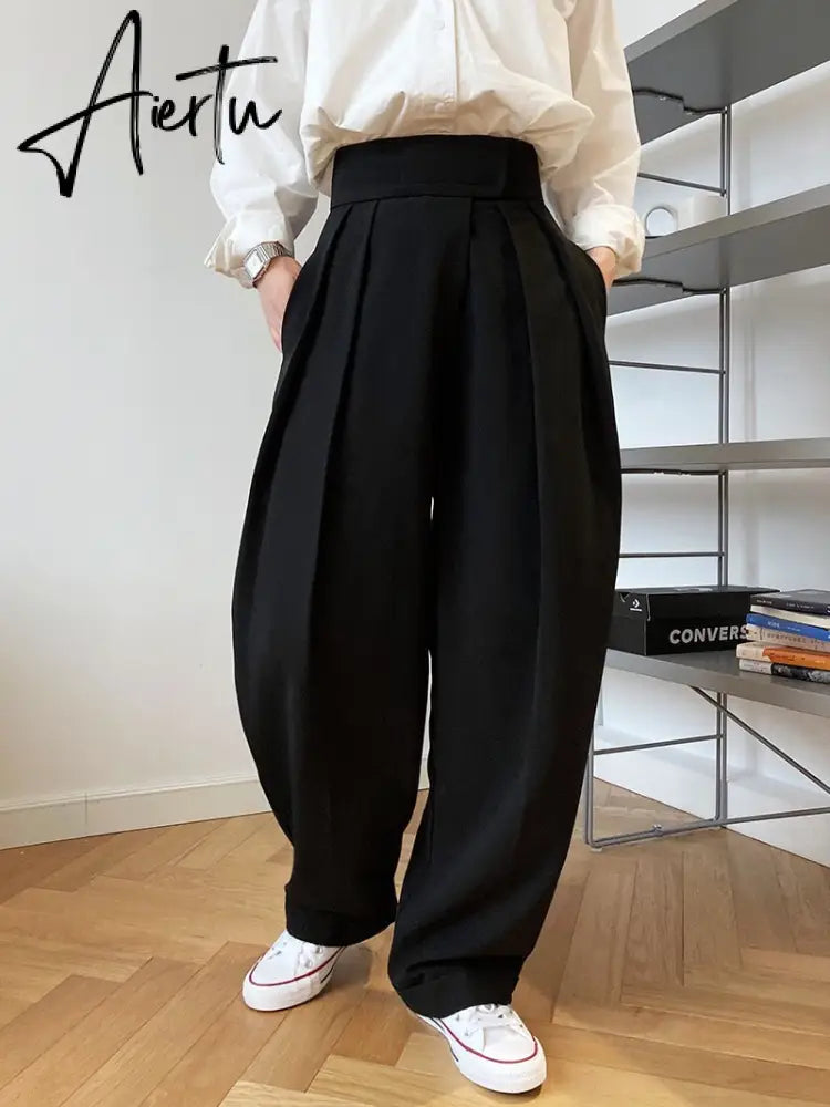Aiertu  Patchwork Asymmetrical Wide Leg Pants For Women High Waist Black Loose Trousers Female Spring Clothing Style Aiertu