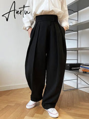 Aiertu  Patchwork Asymmetrical Wide Leg Pants For Women High Waist Black Loose Trousers Female Spring Clothing Style Aiertu