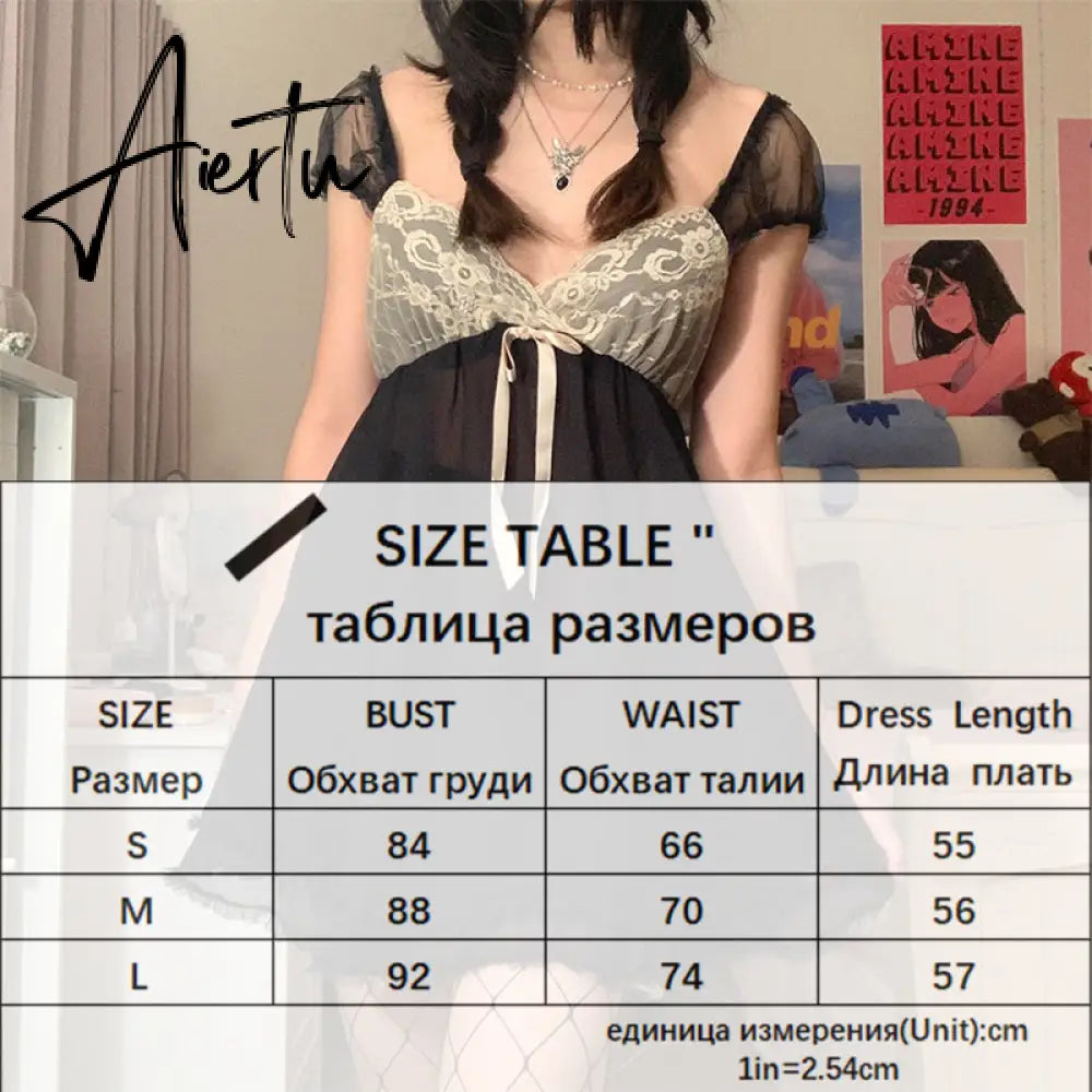 Aiertu Patchwork Lace Cute Y2K Chiffon Dresses Women Square Collar Elegant Grunge Fairycore Clothes Ruffles Short A Line Dress Aiertu