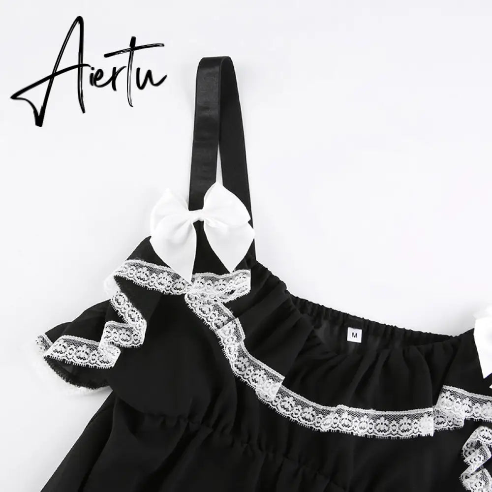 Aiertu Patchwork Lace Cute Y2K Chiffon Dresses Women Square Collar Elegant Grunge Fairycore Clothes Ruffles Short A Line Dress Aiertu