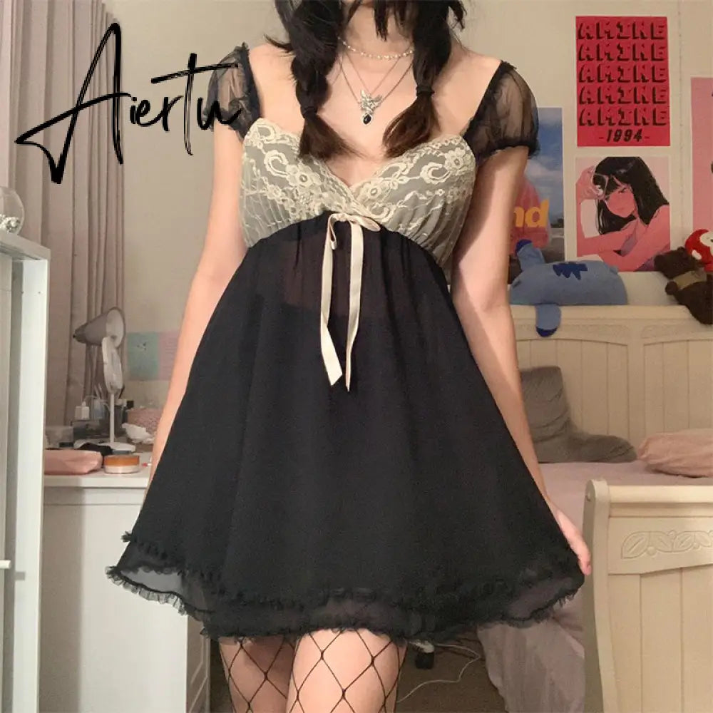 Aiertu Patchwork Lace Cute Y2K Chiffon Dresses Women Square Collar Elegant Grunge Fairycore Clothes Ruffles Short A Line Dress Aiertu