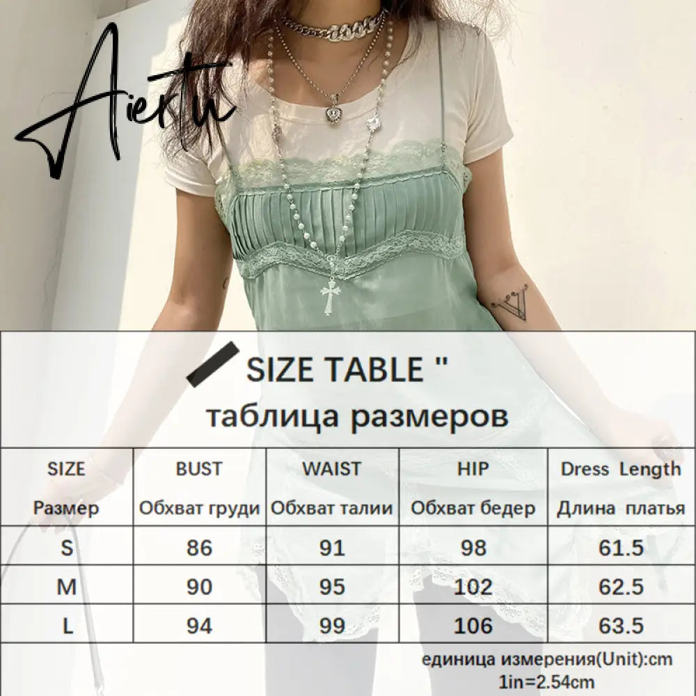 Aiertu Patchwork Lace Cute Y2K Chiffon Dresses Women Square Collar Elegant Grunge Fairycore Clothes Ruffles Short A Line Dress Aiertu