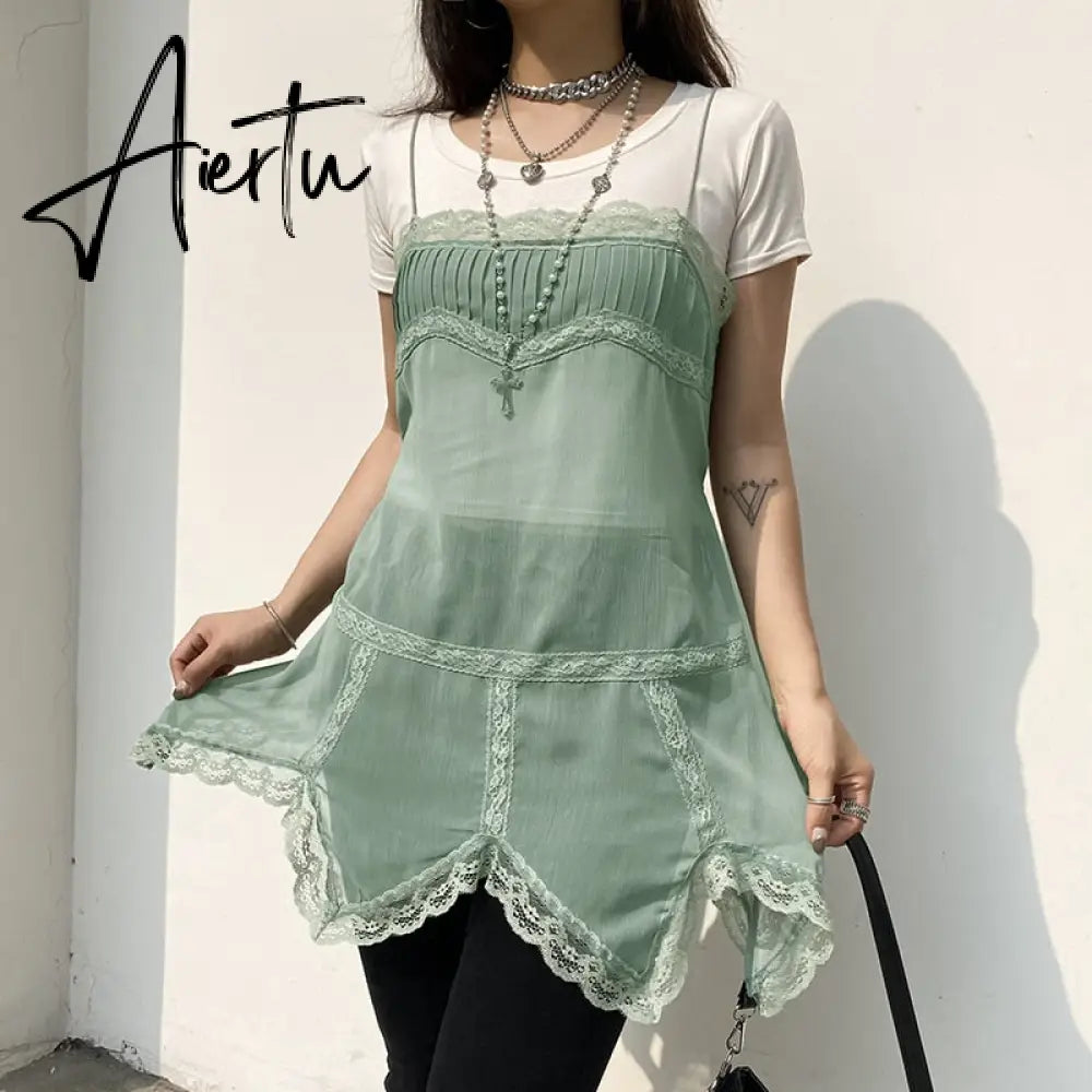 Aiertu Patchwork Lace Cute Y2K Chiffon Dresses Women Square Collar Elegant Grunge Fairycore Clothes Ruffles Short A Line Dress Aiertu