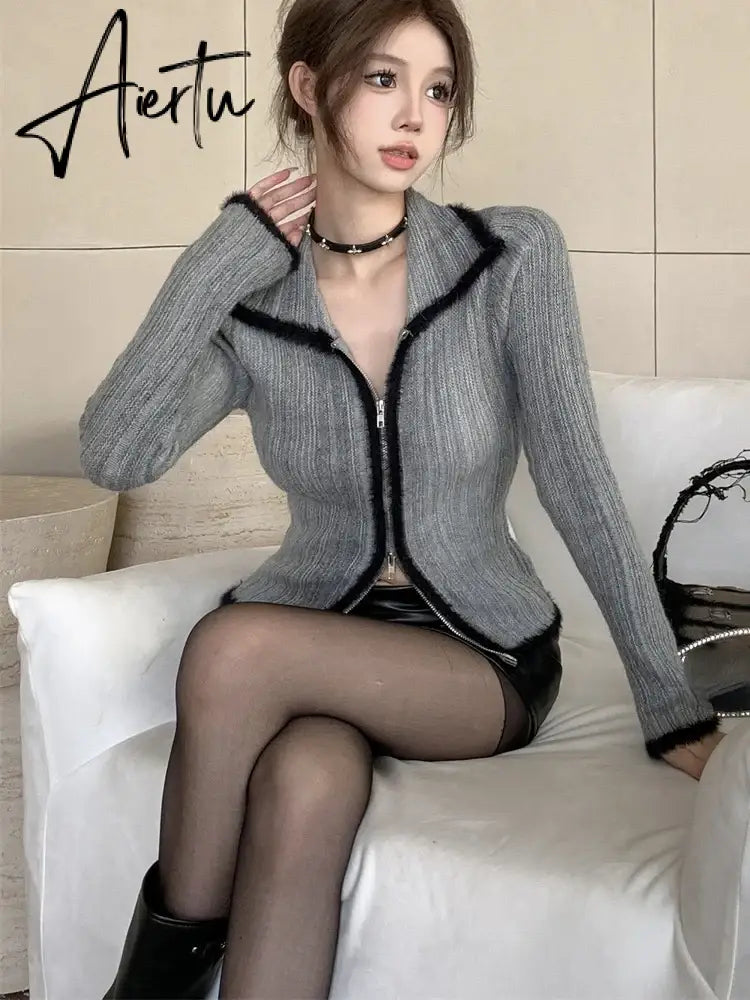 Aiertu Patchwork Vintage Double Zipper Knitted Sweaters Grunge Y2k Aesthetic Slim Coats Turn Down Collar Harajuku Casual Women Cardigan Aiertu