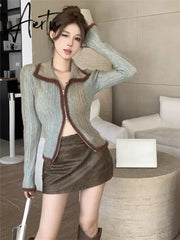 Aiertu Patchwork Vintage Double Zipper Knitted Sweaters Grunge Y2k Aesthetic Slim Coats Turn Down Collar Harajuku Casual Women Cardigan Aiertu