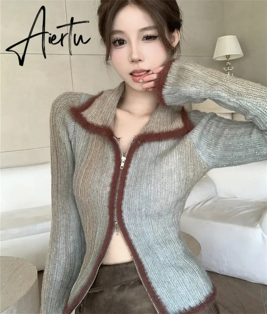 Aiertu Patchwork Vintage Double Zipper Knitted Sweaters Grunge Y2k Aesthetic Slim Coats Turn Down Collar Harajuku Casual Women Cardigan Aiertu
