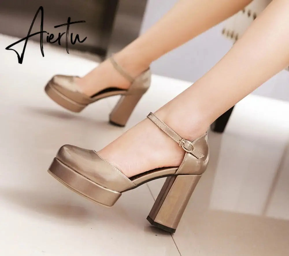 Aiertu  Patent PU Leather Gold Pumps for Ladies Big Plus Size Two-piece Style High-heeled Shoes Women Platform Pumps Aiertu