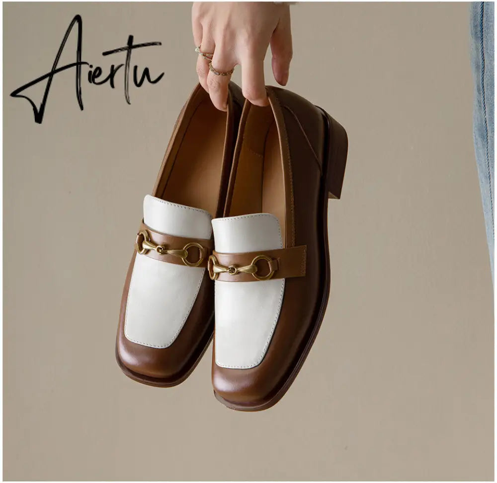 Aiertu   Penny Loafers Women Genuine Leather Color Block Slip On Square Toe Metal Decoration Flats Ladies Shoes Aiertu