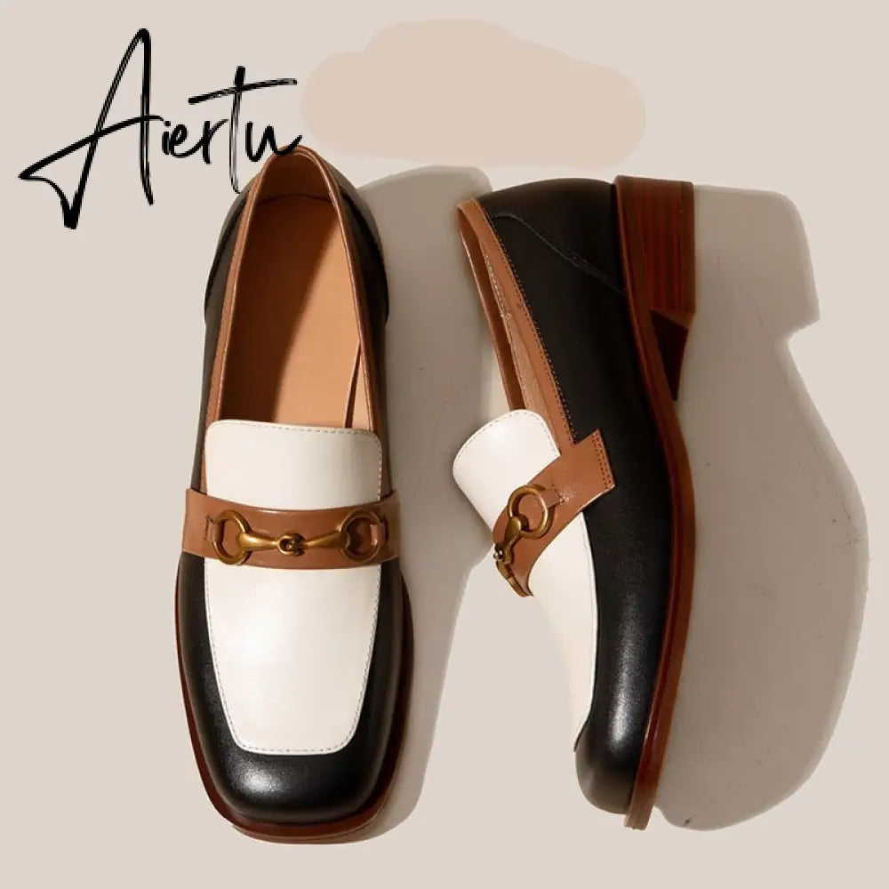 Aiertu   Penny Loafers Women Genuine Leather Color Block Slip On Square Toe Metal Decoration Flats Ladies Shoes Aiertu