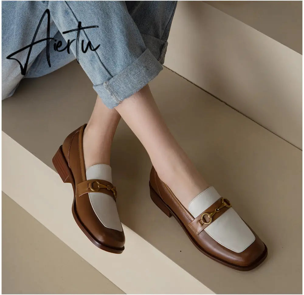 Aiertu   Penny Loafers Women Genuine Leather Color Block Slip On Square Toe Metal Decoration Flats Ladies Shoes Aiertu