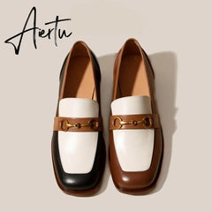 Aiertu   Penny Loafers Women Genuine Leather Color Block Slip On Square Toe Metal Decoration Flats Ladies Shoes Aiertu