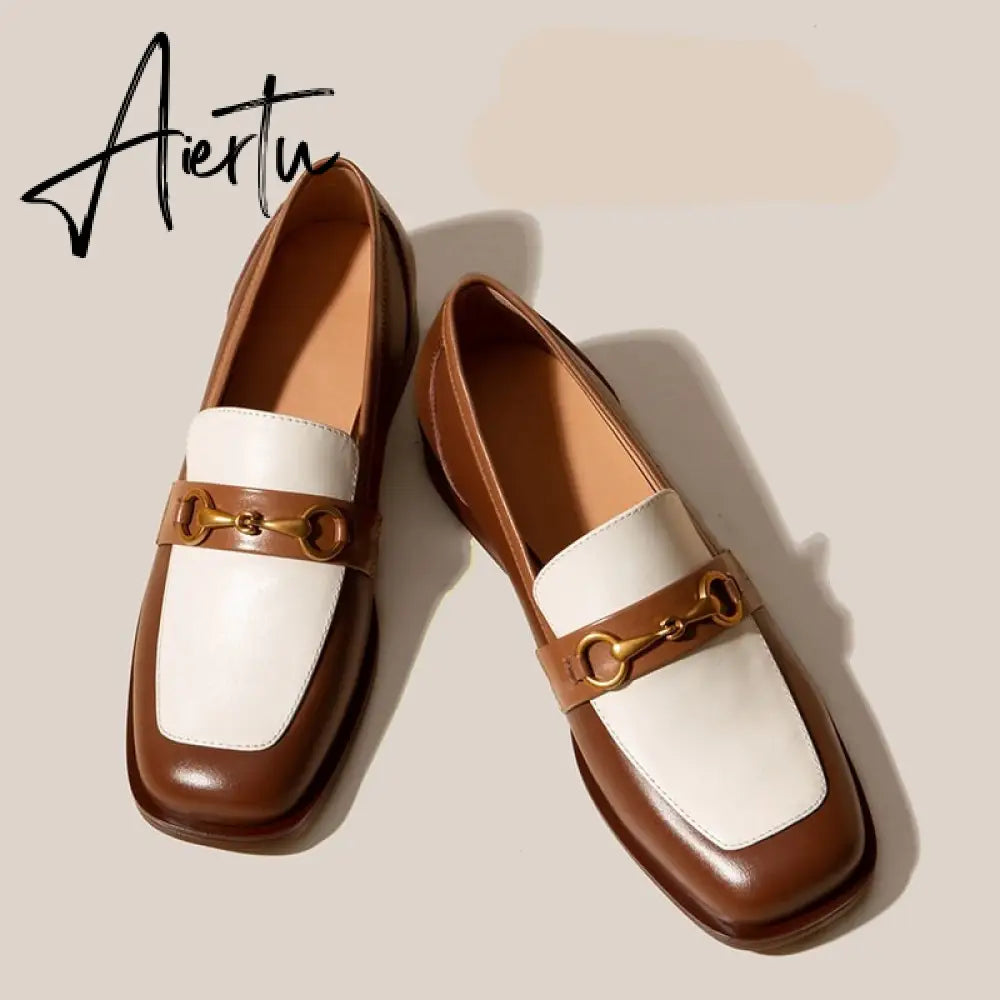 Aiertu   Penny Loafers Women Genuine Leather Color Block Slip On Square Toe Metal Decoration Flats Ladies Shoes Aiertu