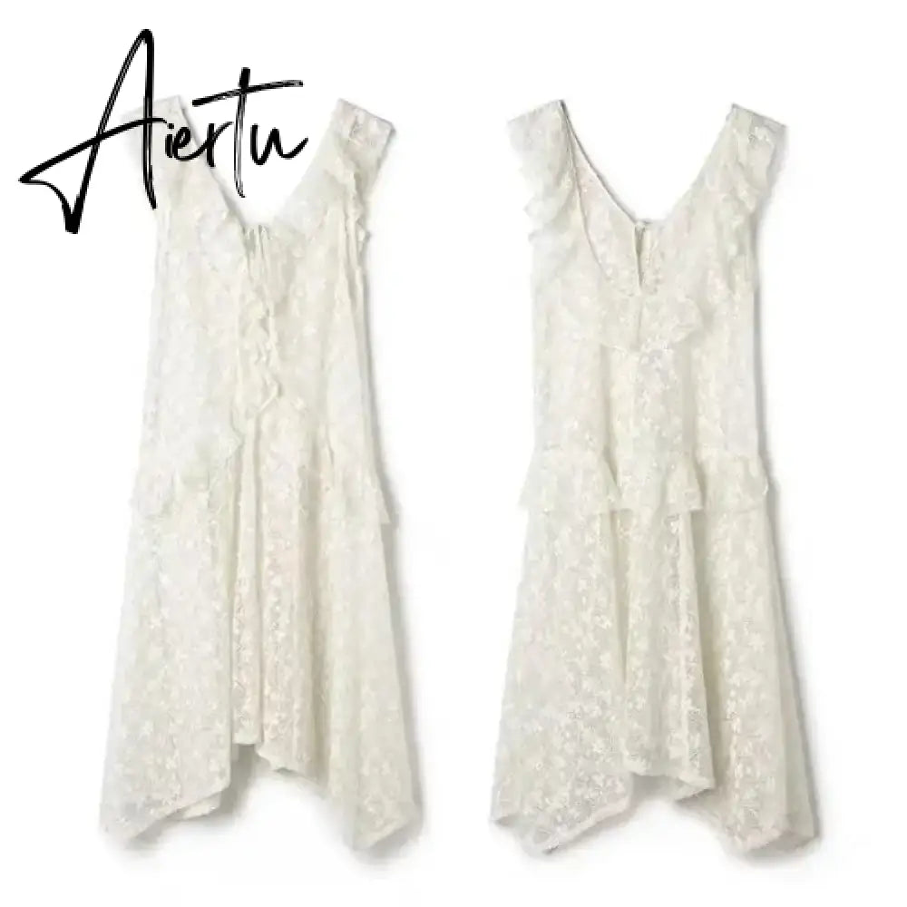 Aiertu  Petal Sleeve Sleeveless Lace Dress Women Summer Collocation Floral Fairy Style Korean Fashion Boho Beach Vestidos Chic Aiertu