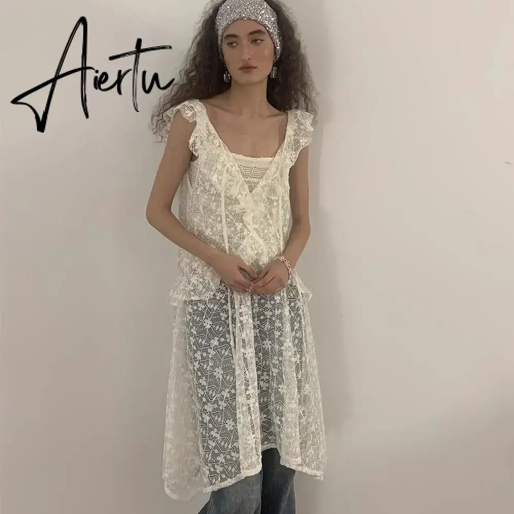 Aiertu  Petal Sleeve Sleeveless Lace Dress Women Summer Collocation Floral Fairy Style Korean Fashion Boho Beach Vestidos Chic Aiertu