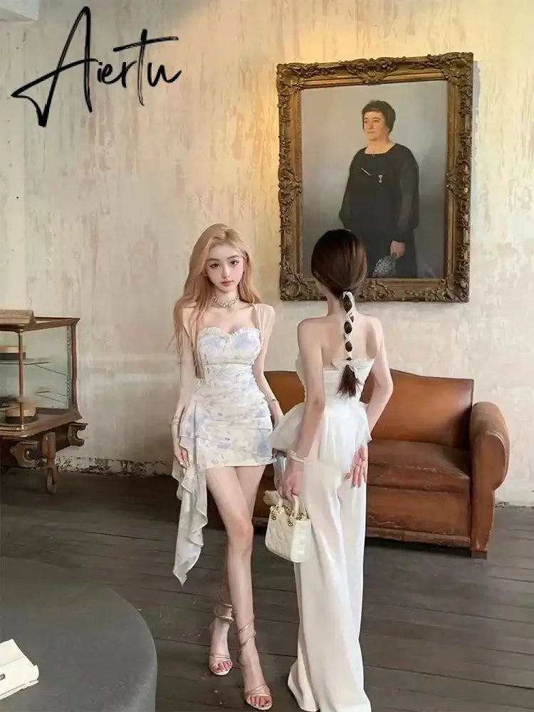 Aiertu Pieces of Super Immortal Giant Show Slim Sweetheart Blossom Falling Halo Dyed Printed Dress for Women's Summer New Rugged Irregular Aiertu