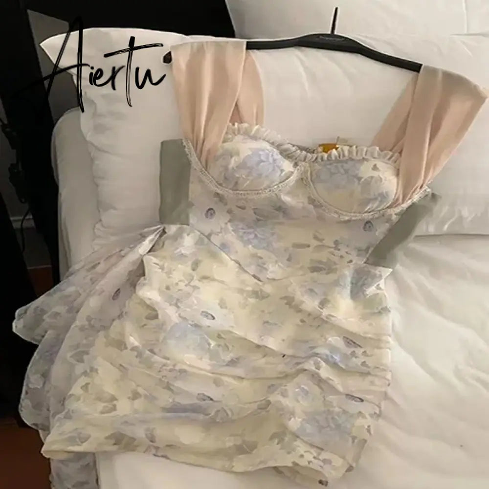 Aiertu Pieces of Super Immortal Giant Show Slim Sweetheart Blossom Falling Halo Dyed Printed Dress for Women's Summer New Rugged Irregular Aiertu