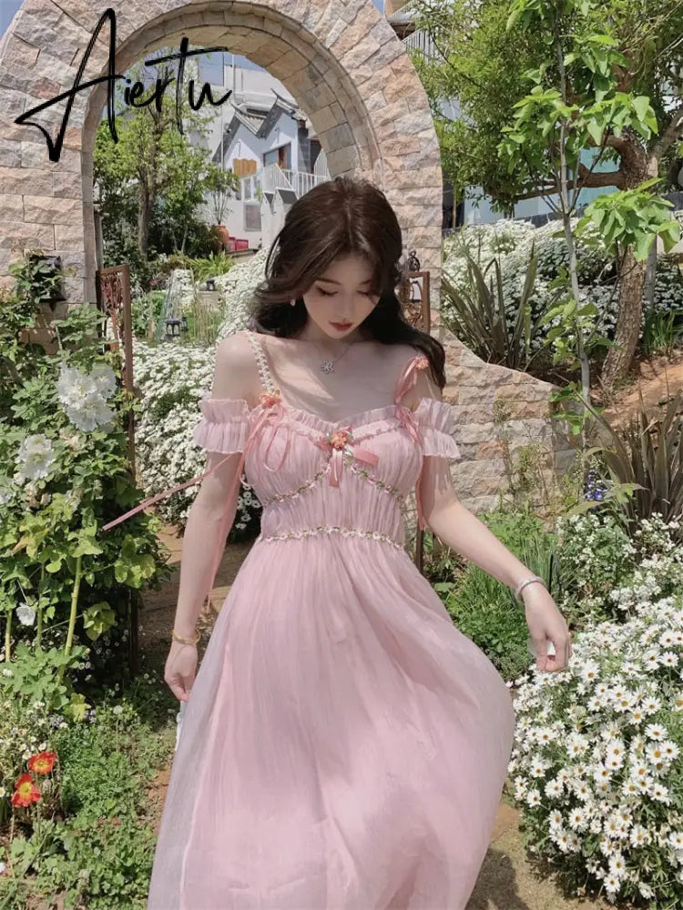 Aiertu Pink Fairy Dress Sweet Princess Midi Spaghetti Strap Dress Pleated Female Summer Vintage Holiday Beach Dress Sundress Femme Robe Aiertu