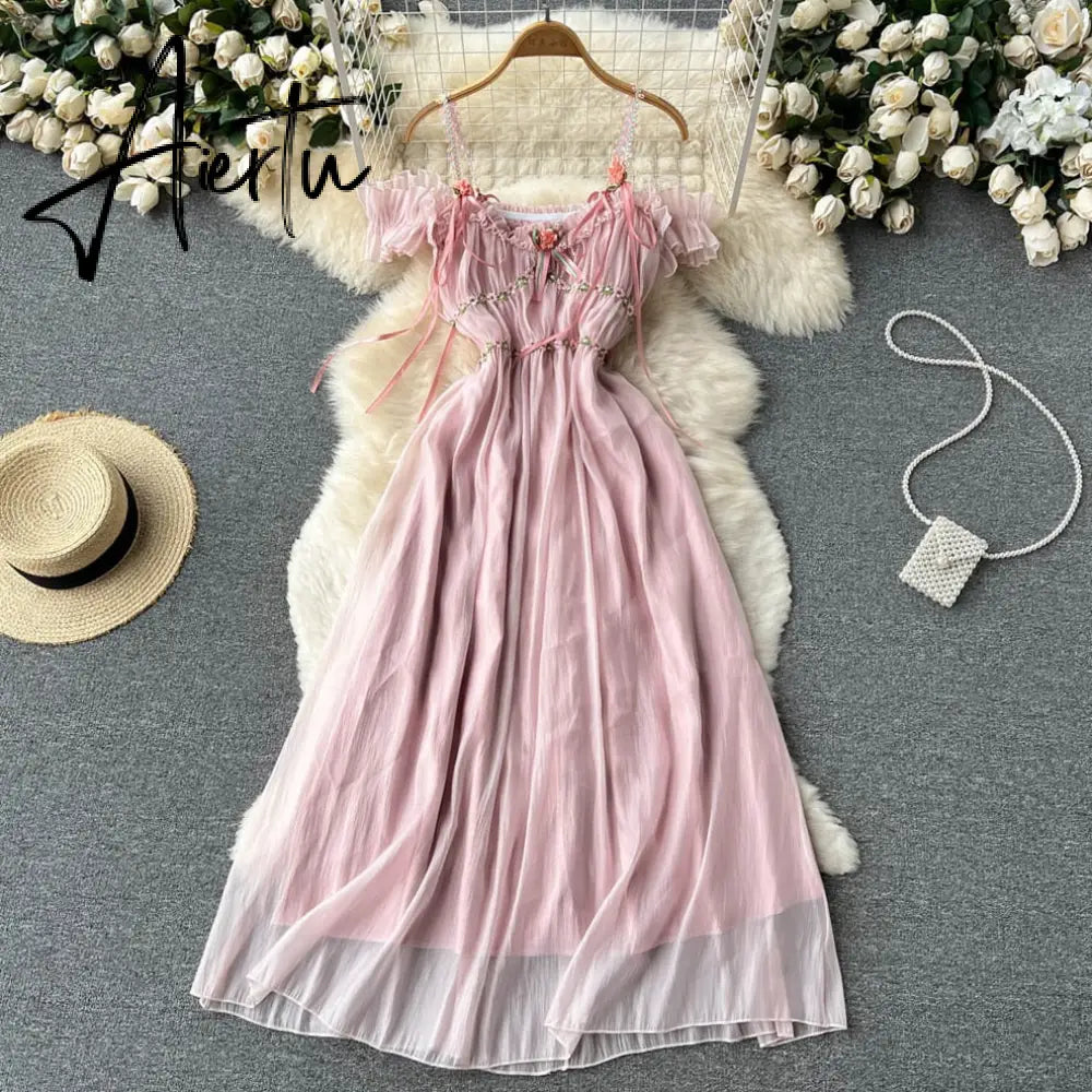 Aiertu Pink Fairy Dress Sweet Princess Midi Spaghetti Strap Dress Pleated Female Summer Vintage Holiday Beach Dress Sundress Femme Robe Aiertu