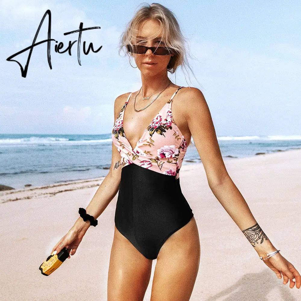 Aiertu Pink Floral One-Piece Swimsuit Women High Leg Cut Sexy Monokini Bathing Suits New Girls Beach Bathing Suit Swimwear Aiertu