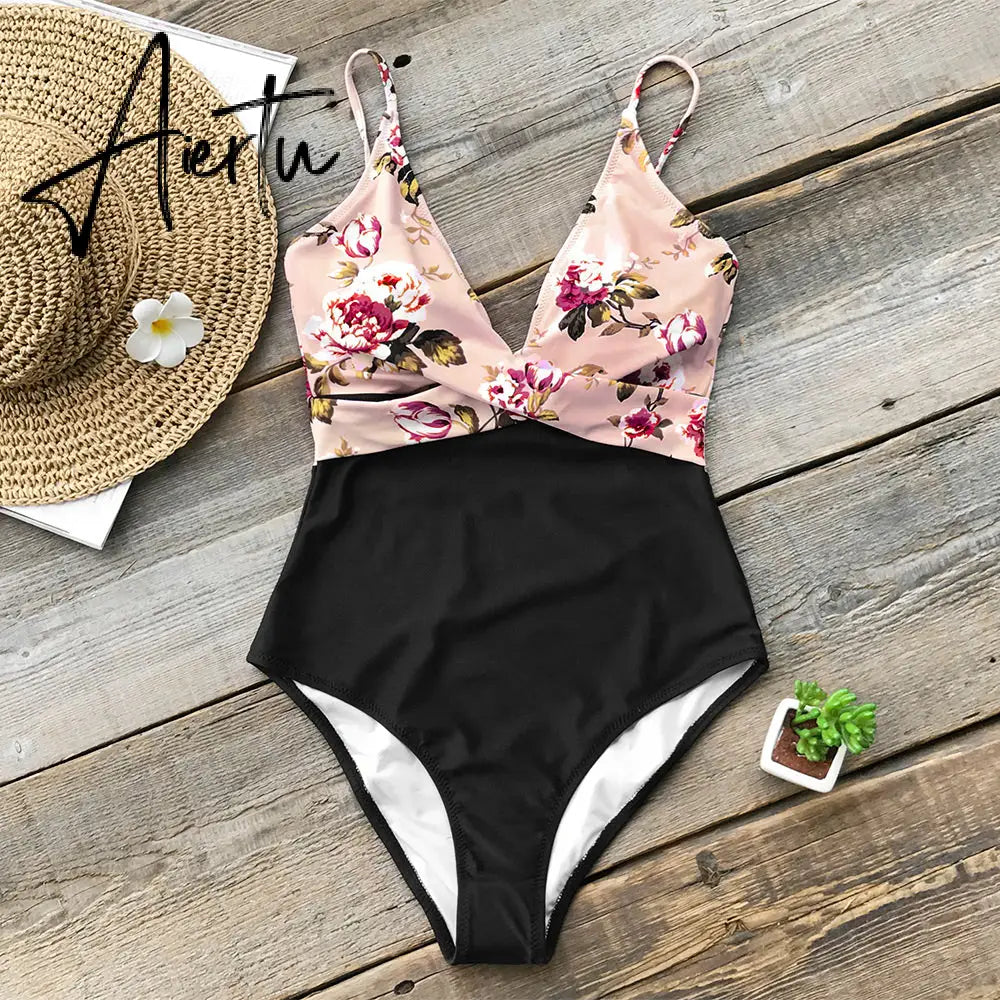 Aiertu Pink Floral One-Piece Swimsuit Women High Leg Cut Sexy Monokini Bathing Suits New Girls Beach Bathing Suit Swimwear Aiertu