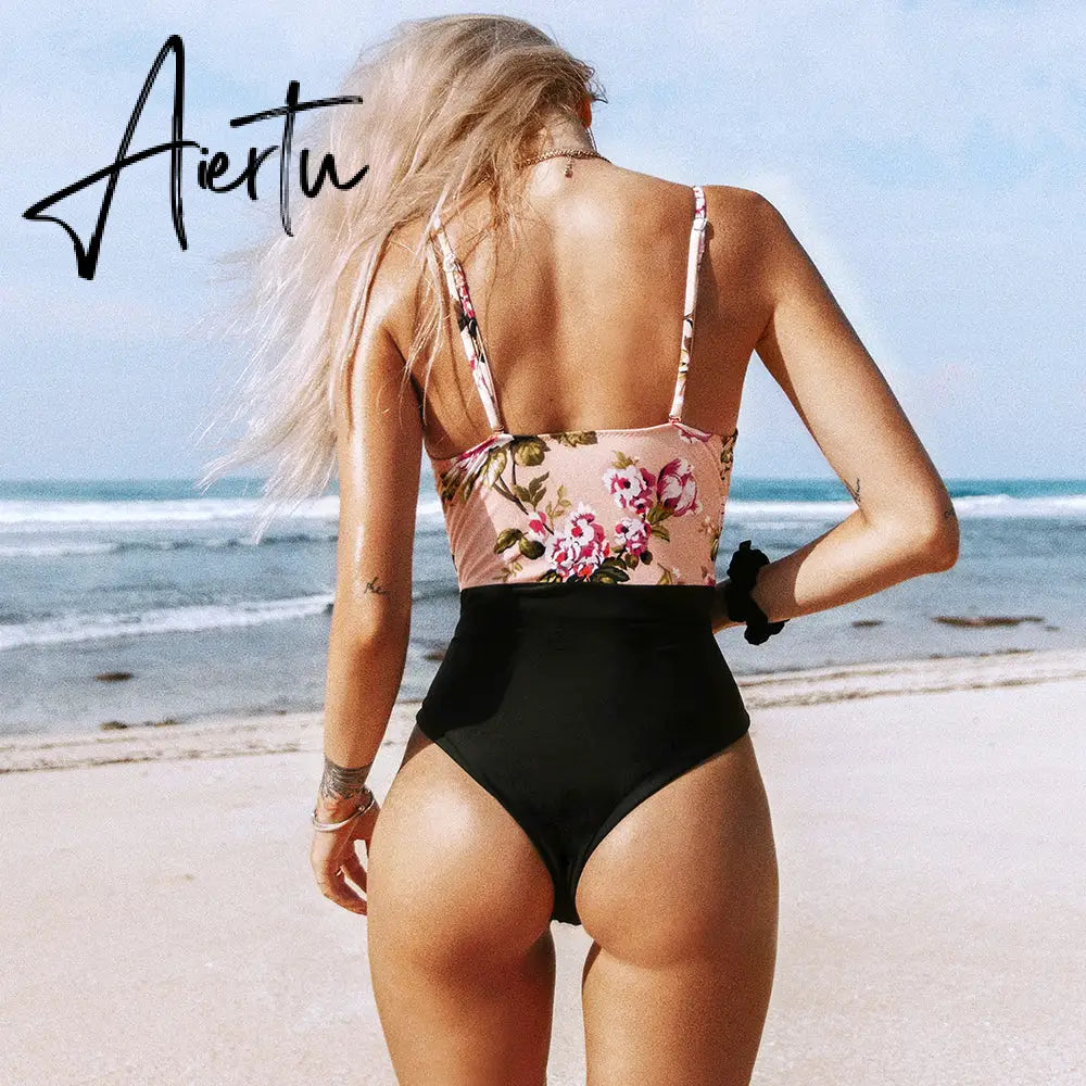 Aiertu Pink Floral One-Piece Swimsuit Women High Leg Cut Sexy Monokini Bathing Suits New Girls Beach Bathing Suit Swimwear Aiertu
