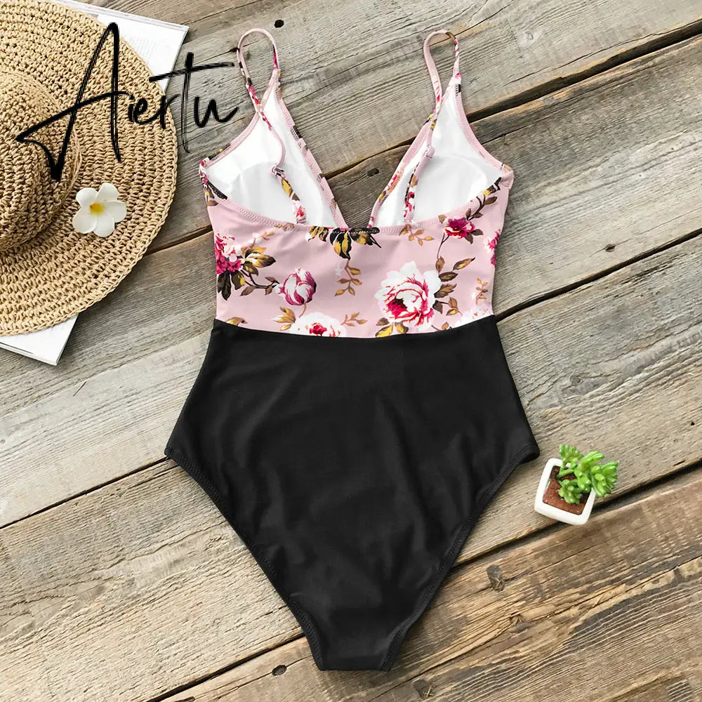 Aiertu Pink Floral One-Piece Swimsuit Women High Leg Cut Sexy Monokini Bathing Suits New Girls Beach Bathing Suit Swimwear Aiertu
