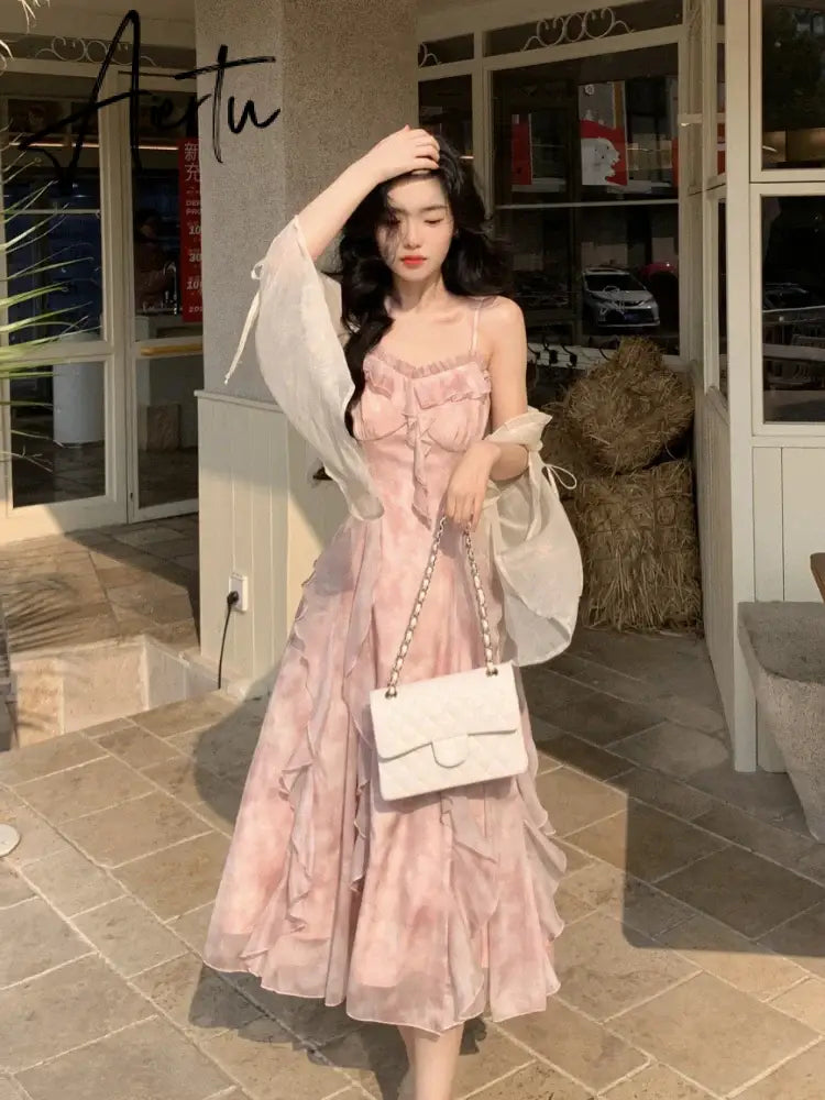 Aiertu Pink Print French Strap Dress Women Chiffon Elegant Evening Party Midi Dress Female Ruffle Korean Sweet fairy Dress Summer Aiertu