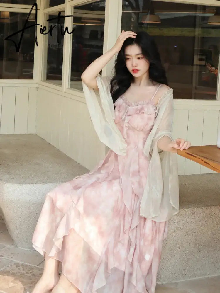 Aiertu Pink Print French Strap Dress Women Chiffon Elegant Evening Party Midi Dress Female Ruffle Korean Sweet fairy Dress Summer Aiertu