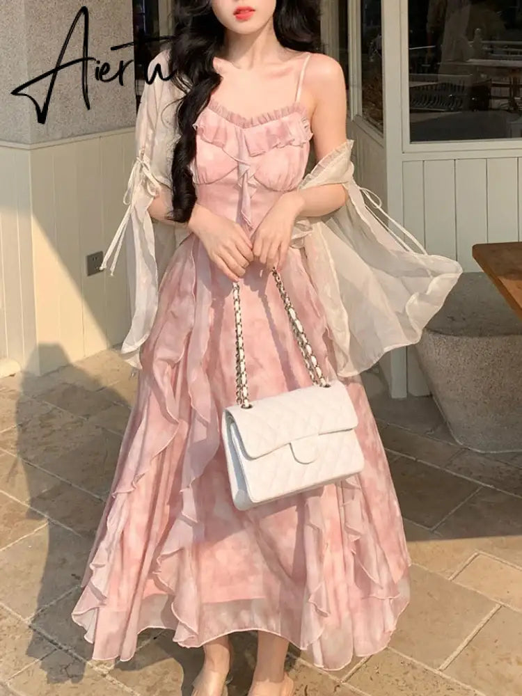 Aiertu Pink Print French Strap Dress Women Chiffon Elegant Evening Party Midi Dress Female Ruffle Korean Sweet fairy Dress Summer Aiertu