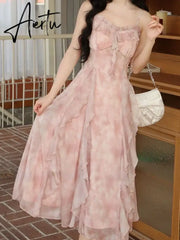 Aiertu Pink Print French Strap Dress Women Chiffon Elegant Evening Party Midi Dress Female Ruffle Korean Sweet fairy Dress Summer Aiertu