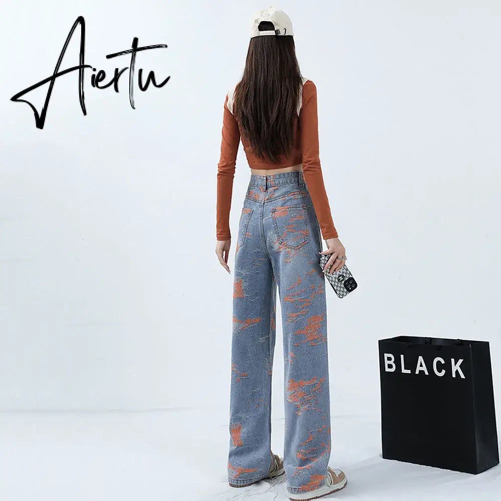 Aiertu Pink Purple Embroidered Jeans For Women Fashion Splash-ink Wide Leg Denim Pants Design Sense High Waist Loose Straight Trousers Aiertu