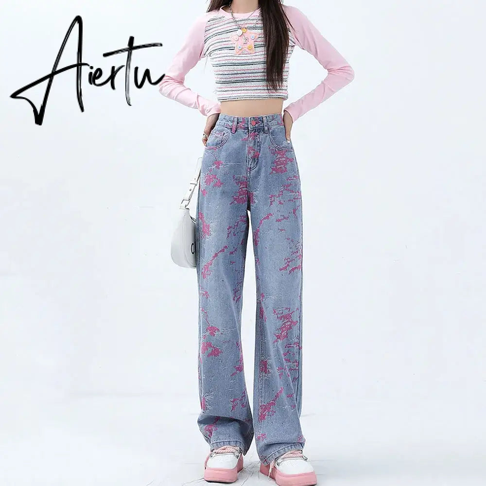 Aiertu Pink Purple Embroidered Jeans For Women Fashion Splash-ink Wide Leg Denim Pants Design Sense High Waist Loose Straight Trousers Aiertu