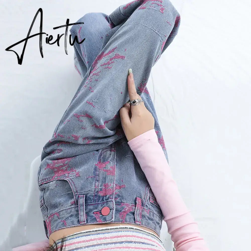 Aiertu Pink Purple Embroidered Jeans For Women Fashion Splash-ink Wide Leg Denim Pants Design Sense High Waist Loose Straight Trousers Aiertu