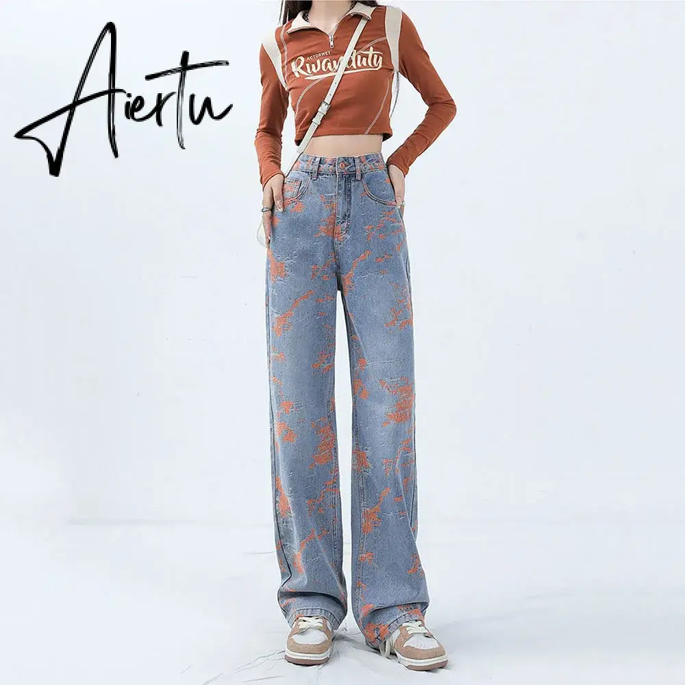 Aiertu Pink Purple Embroidered Jeans For Women Fashion Splash-ink Wide Leg Denim Pants Design Sense High Waist Loose Straight Trousers Aiertu