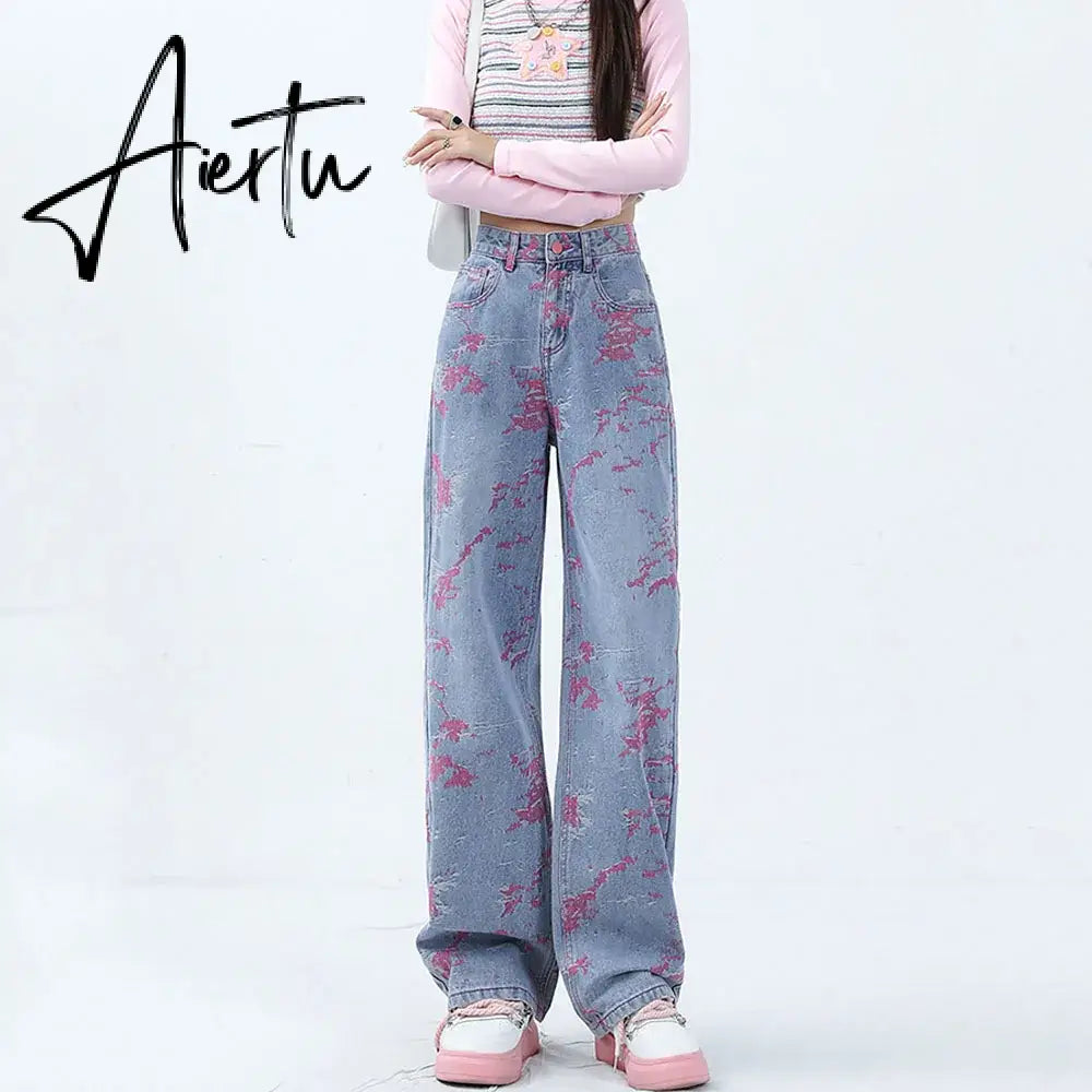 Aiertu Pink Purple Embroidered Jeans For Women Fashion Splash-ink Wide Leg Denim Pants Design Sense High Waist Loose Straight Trousers Aiertu