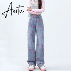 Aiertu Pink Purple Embroidered Jeans For Women Fashion Splash-ink Wide Leg Denim Pants Design Sense High Waist Loose Straight Trousers Aiertu