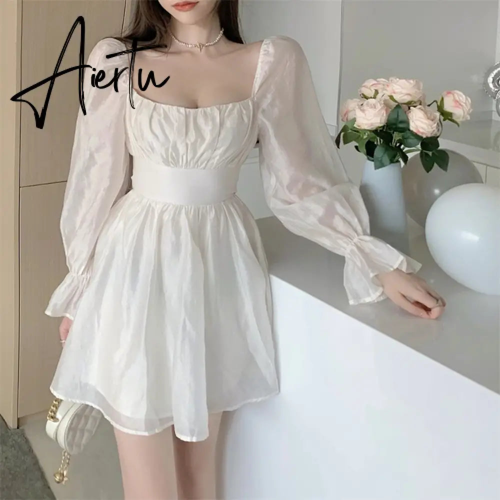 Aiertu  Pink Sweet Elegant Princess Dress Women Casual Korean Slim Long Sleeve Fairy Dress Female Backless Design Vintage Dress New Aiertu